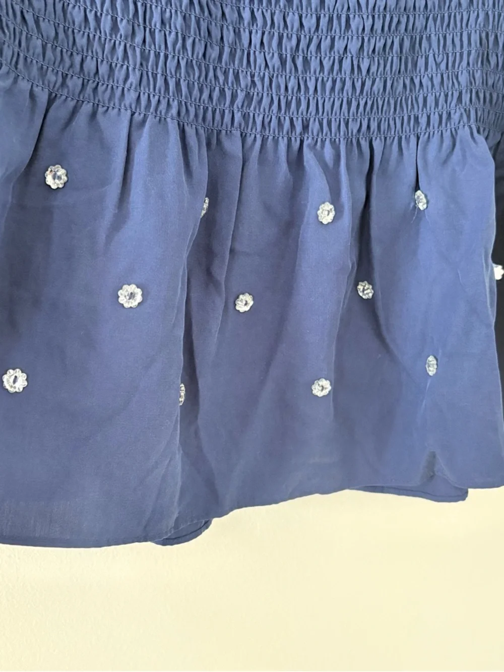 Hill House Home Jewel Jammy Top Navy Blue Smocked Peplum‎ Puff Sleeve Size M